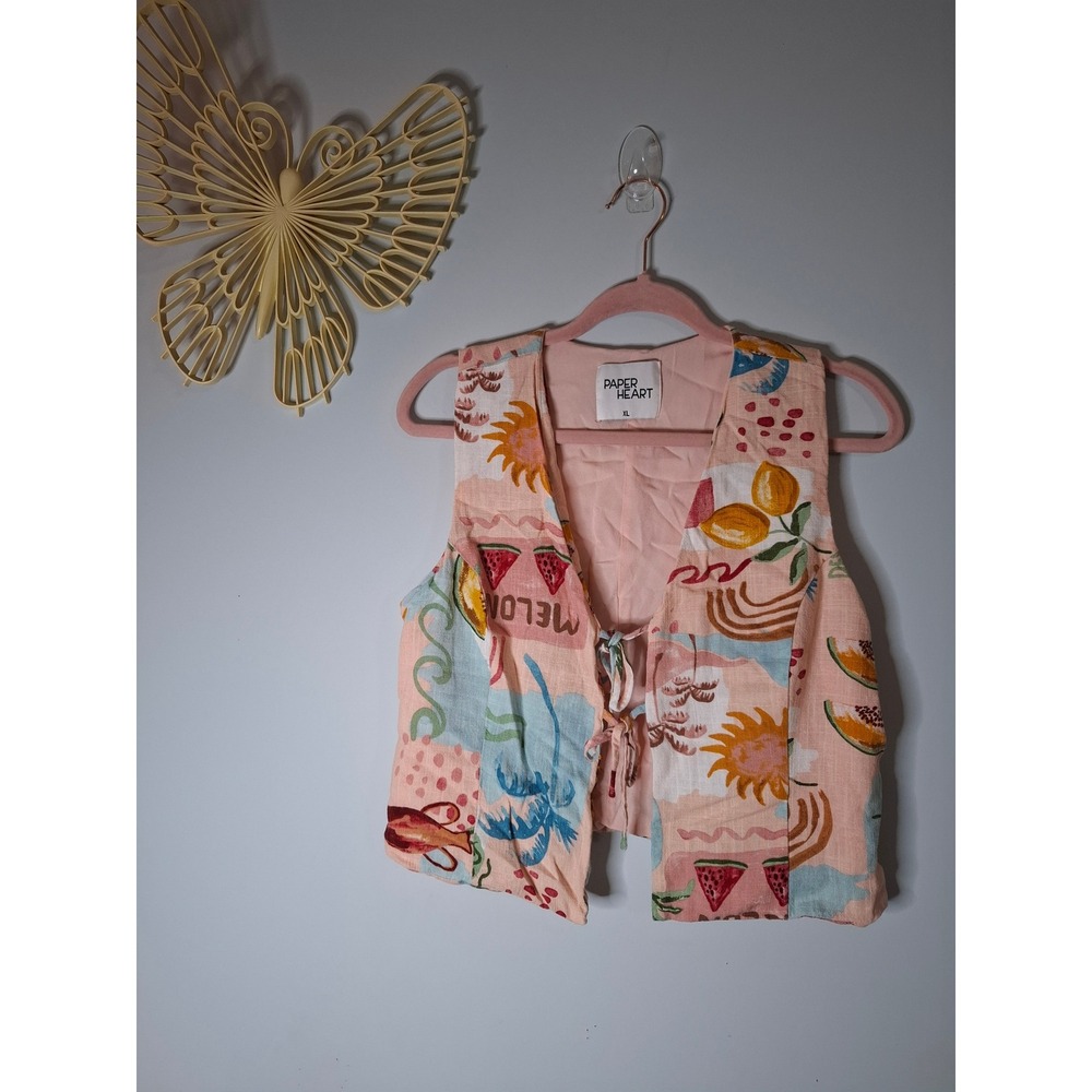 Paper Heart XL Pink Tropical Fruit Linen Blend Tie Front Vest Top Boho Summer